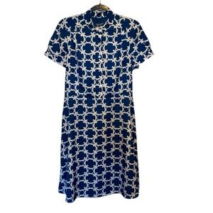 Ann Taylor patterned dress 12P Blue and White Belted dress